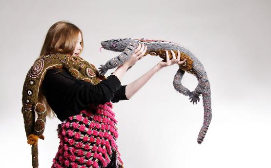 Flat Out Like a Lizard Drinking & Bungarra Stole, 2010 by Ruby McIntosh + Megascarf, 2010 by Roy Merritt Model: Sarah Pauley @ Viviens Model Management. Photo copyright of WA Museum Photo by Penny Lane