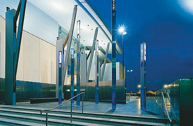 Exterior of the entry to the Maritime Museum at dusk