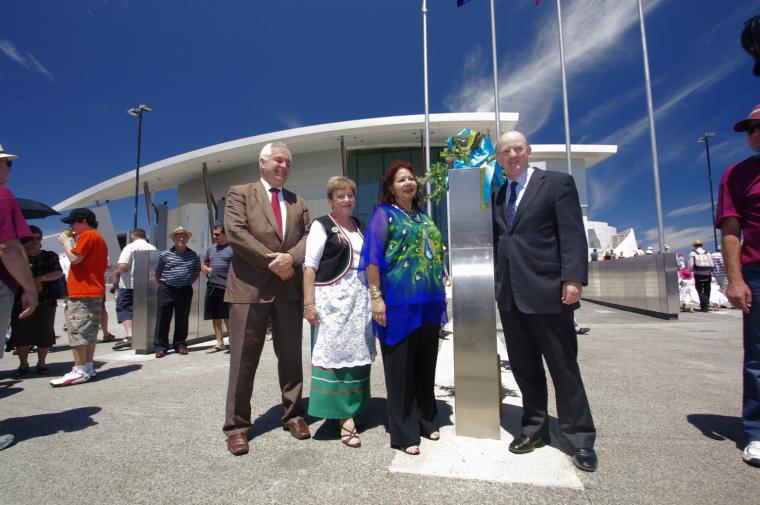 Official unveiling of the Welcome Walls Stage 3 at Fremantle Alec Coles WA Museum CEO, Minister John Day & Irene Stainton opening the walls